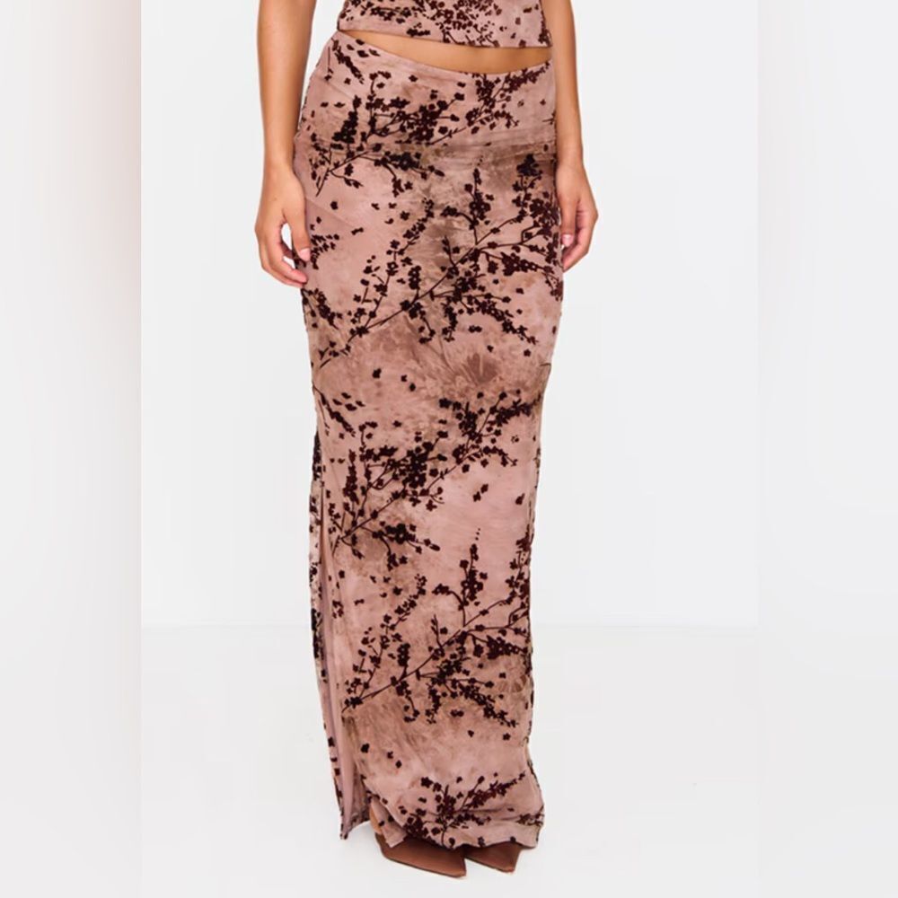 Pretty Little Thing Floral Print Devore Mesh Ruched  Skirt Mauve 14 NWT IN PKG
